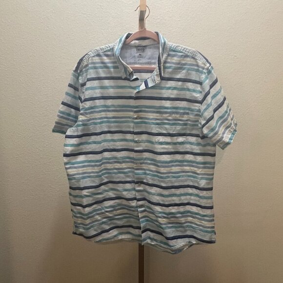 Izod Saltwater Shirt Mens XXL Blue White Yellow Striped Vacation - Picture 1 of 5